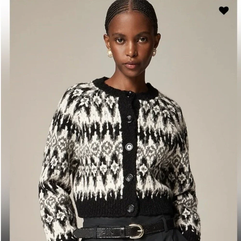 J. Crew Womens Fair Isle Cardigan Sweater Black White Wool Alpaca CE714 Size S